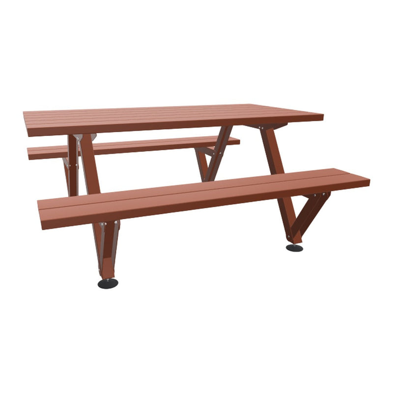 Brown, wooden picnic table with horizontal slats and adjustable black feet. Perfect for outdoor dining.