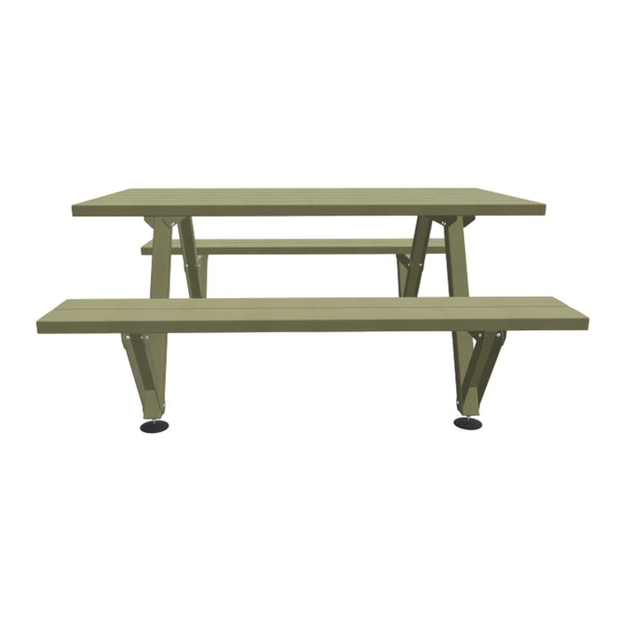 Olive green picnic table set with a simple, modern design and sturdy benches. Ideal for outdoor dining.