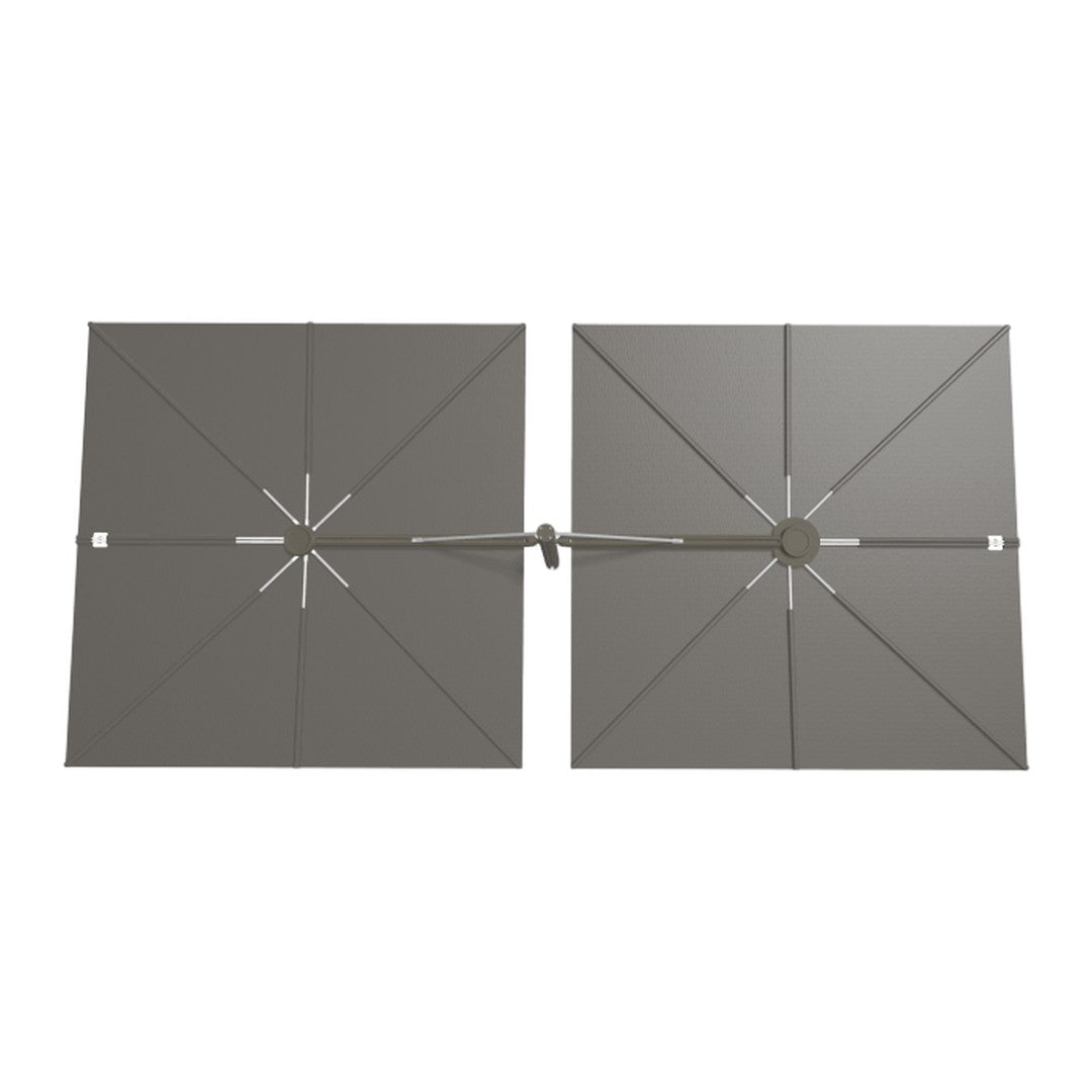 Gray dual patio umbrella with an elegant, textured pattern and contrasting silver accents. Ideal for outdoor spaces.
