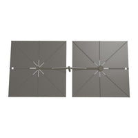 Gray dual patio umbrella with an elegant, textured pattern and contrasting silver accents. Ideal for outdoor spaces.