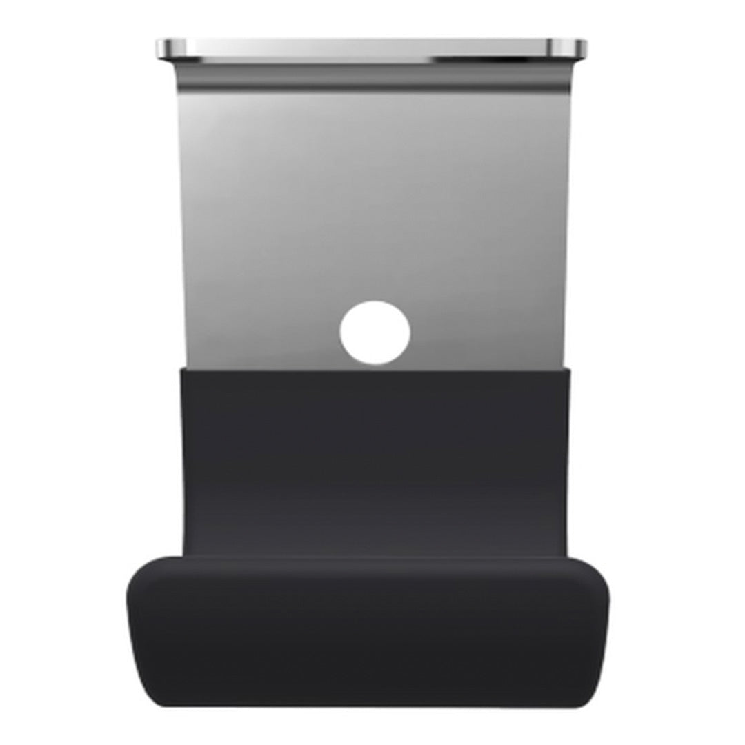 "Stainless steel top with sleek black silicone base, featuring a smooth, modern design for versatility."