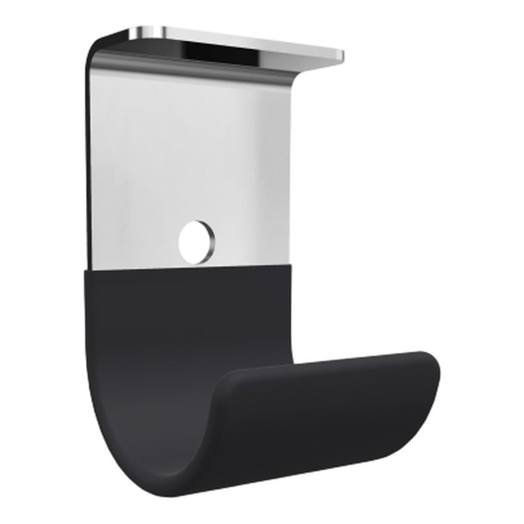 Sleek silver metal and matte black rubber wall hook with a minimalist design for modern decor.