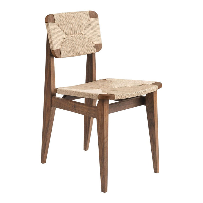 Natural wood chair with a light beige woven seat and backrest, featuring a minimalistic design and warm tones.