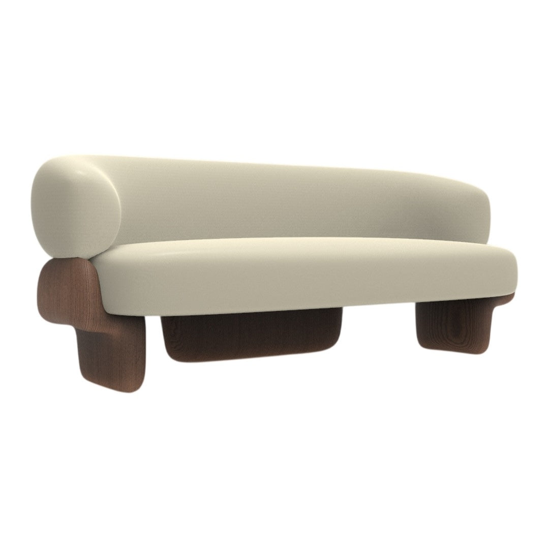 Cream-colored modern sofa with rounded edges and contrasting wooden base for a stylish touch.