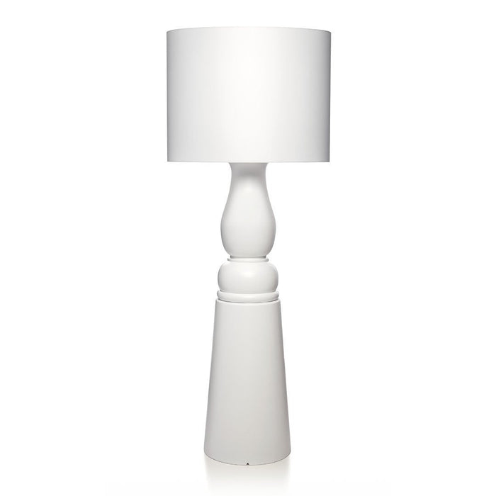 Elegant all-white lamp with a smooth, glossy finish and a textured, round lampshade. Perfect for modern decor.