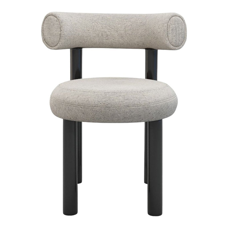 Light gray upholstered chair with black wooden legs and a minimalist, rounded design.