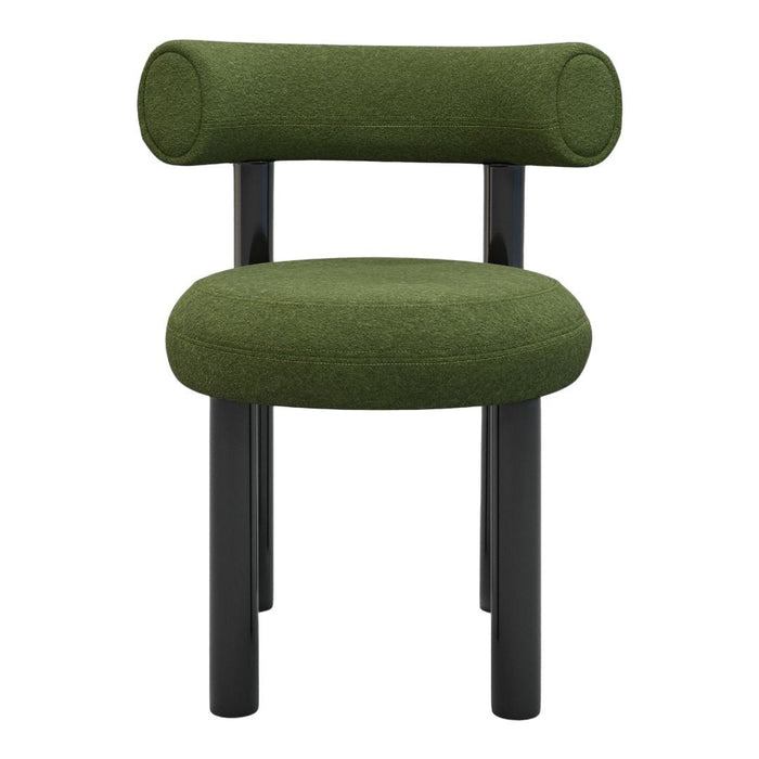 Green upholstered chair with circular backrest and black wooden legs, featuring a minimalist design.