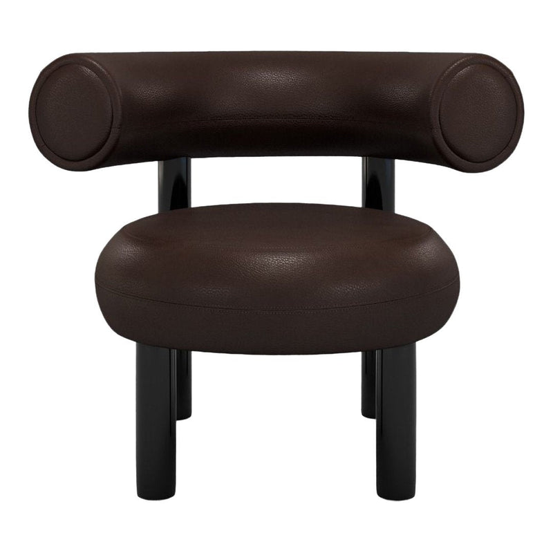 Round brown leather armchair with glossy black legs, featuring a smooth texture and minimalist design.