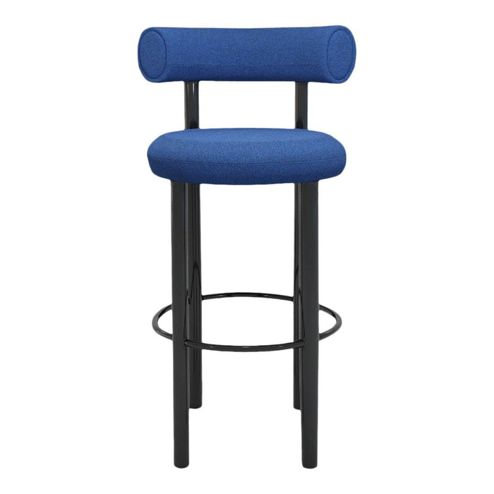 Blue upholstered bar stool with a modern black metal frame, featuring a sleek, minimalist design.