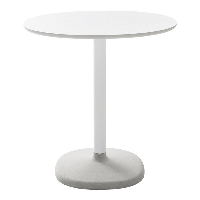 "Modern round table in white and gray, featuring a sleek design with a minimalistic base."