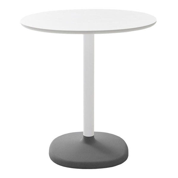 Round dining table with a white top and a grey base, featuring a sleek, modern design. Perfect for contemporary spaces.