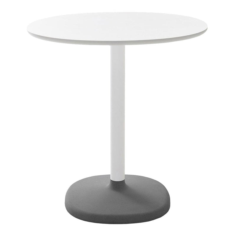 Round dining table with a white top and a grey base, featuring a sleek, modern design. Perfect for contemporary spaces.