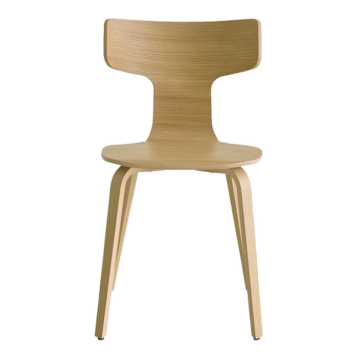 Natural wood finish chair with a smooth, minimalist design and curved lines, showcasing a light, warm color palette.