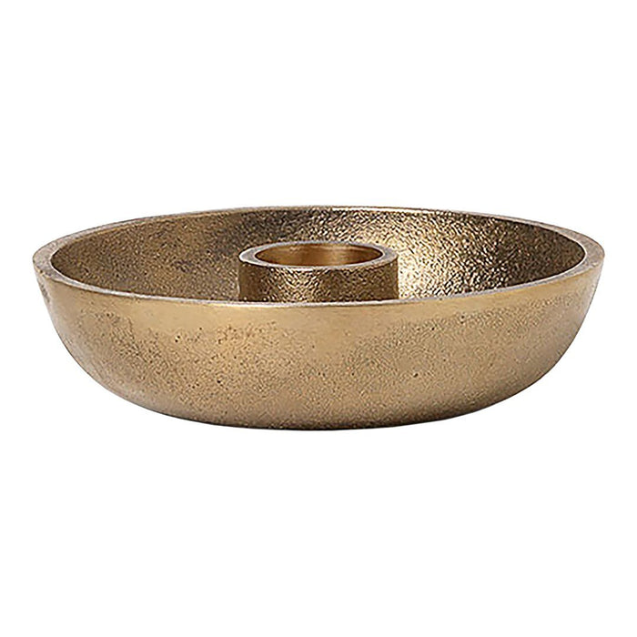 "Round metallic bowl in a textured gold finish, featuring a central candle holder."