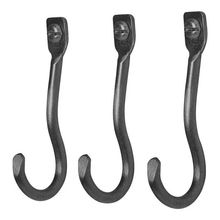 Set of three sleek black metal hooks featuring a classic curved design. Ideal for stylish storage solutions.