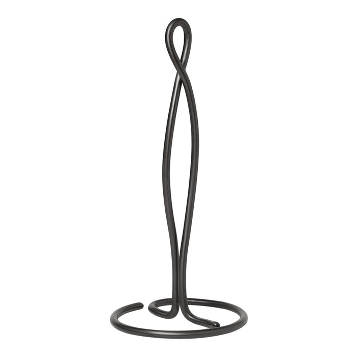 Sleek black metal paper towel holder with a modern twisted design. Simple and elegant for any kitchen decor.