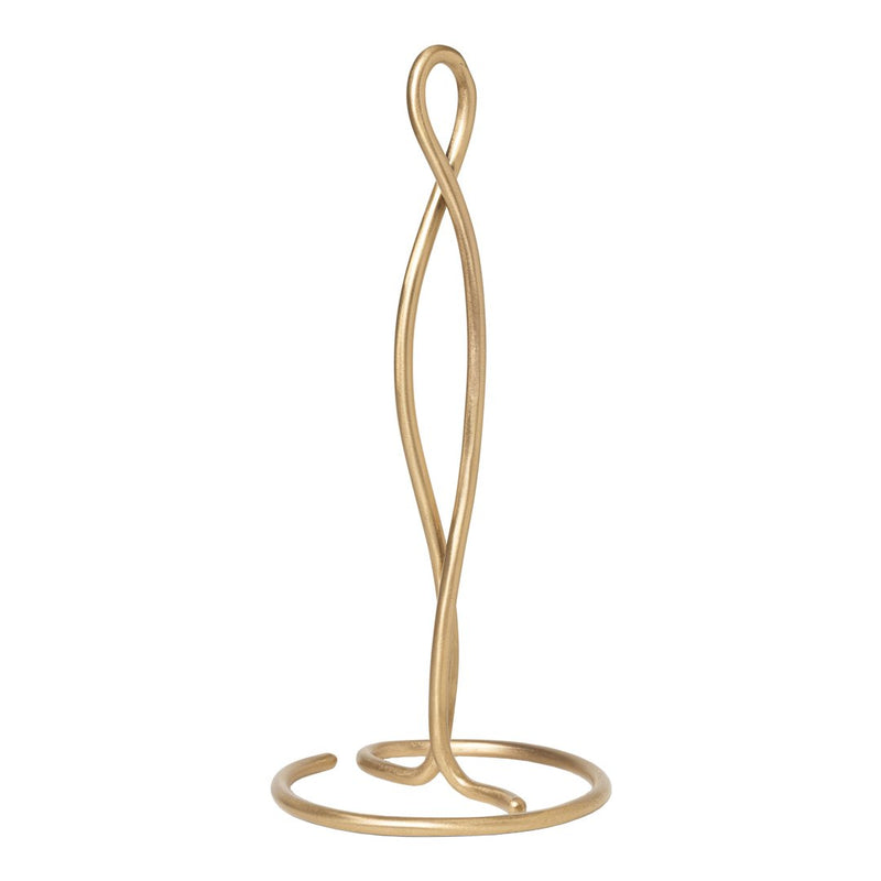 Elegant gold paper towel holder with a twisting design and smooth finish, perfect for modern kitchens.