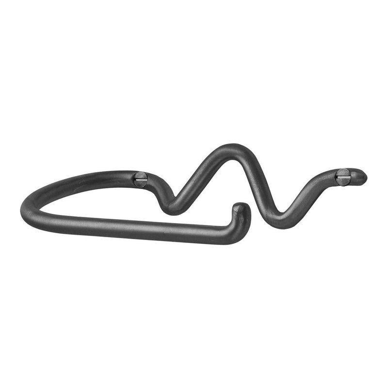 Curved black metal wire with a sleek, modern design, featuring a smooth finish and dynamic wave pattern.
