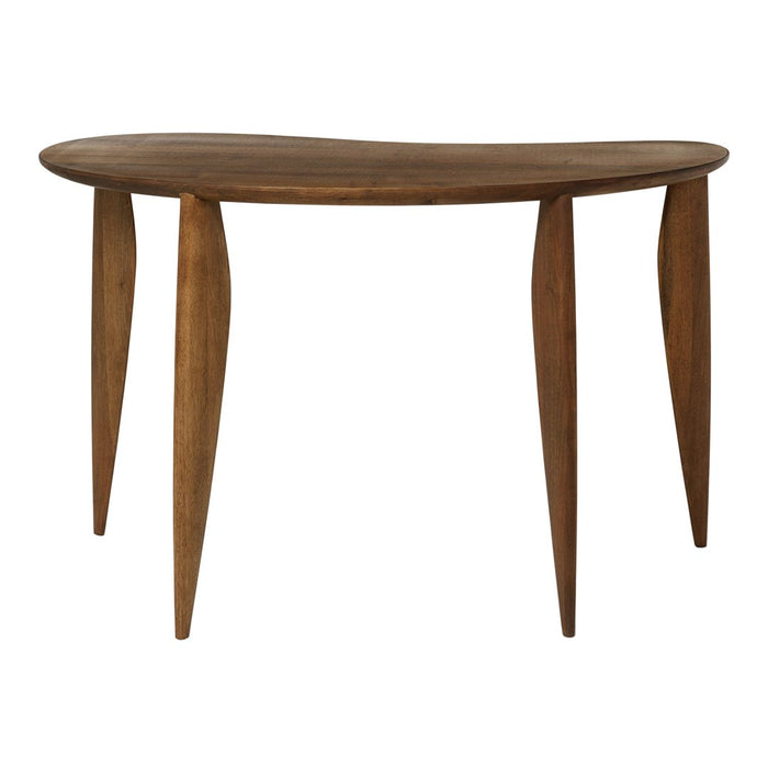 Elegant walnut wood table with a smooth, curved top and tapered legs, showcasing a natural finish and warm tones.