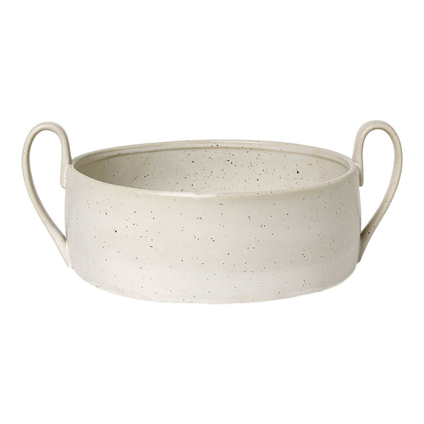 Round beige stoneware pot with speckled finish and two side handles. Classic, minimalist design perfect for decor.