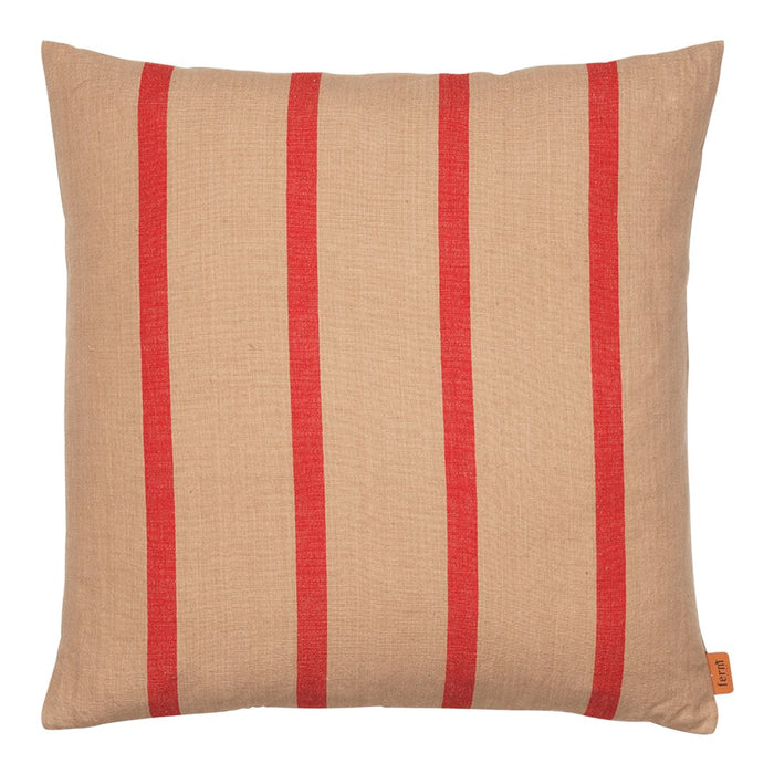 Tan pillow with bold red vertical stripes. Textured fabric adds depth and interest. Perfect for modern decor.