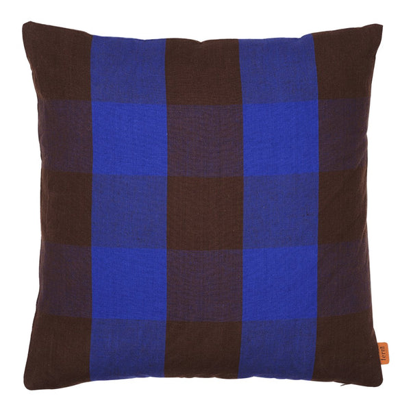 Blue and brown plaid pattern pillow, featuring a vibrant checkered design. Perfect for home decor.