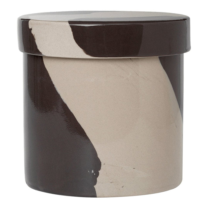 Brown and beige ceramic container with a striking abstract swirl pattern, perfect for decorative storage.