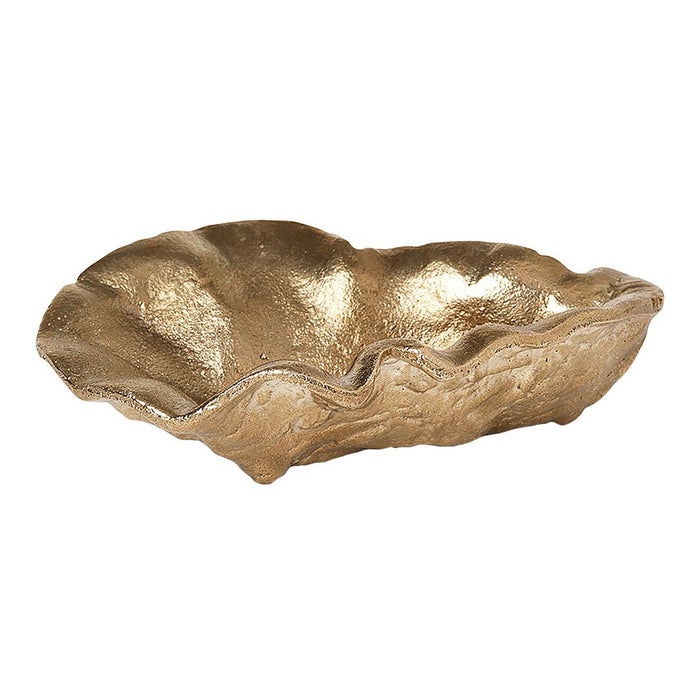 Gold textured bowl with decorative wavy edges, featuring a metallic sheen and intricate patterns.