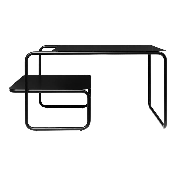 Sleek black minimalist desk set with smooth surfaces and modern geometric lines, perfect for contemporary spaces.