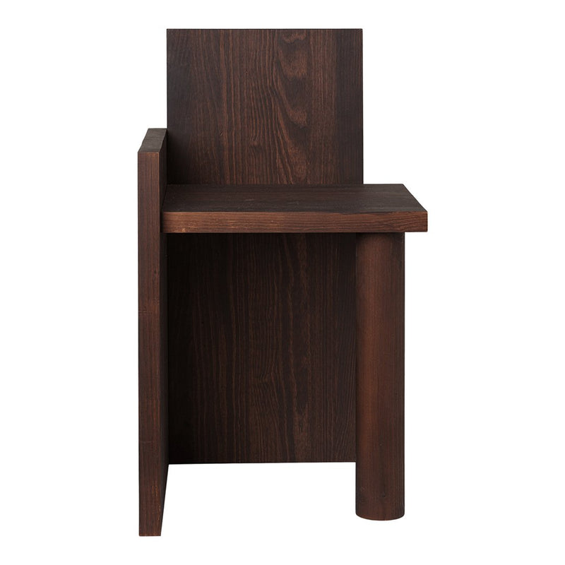 Dark brown wooden chair with a simple, modern design featuring smooth finishes and geometric lines.