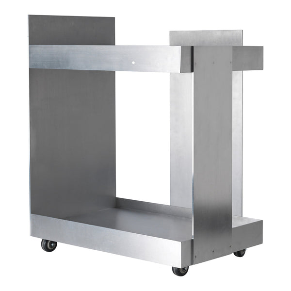 Sleek silver metal cart with a modern design, featuring clean lines and a polished finish. Perfect for contemporary spaces.
