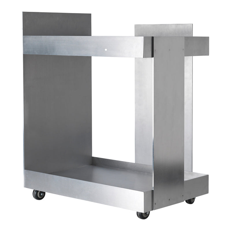 Sleek silver metal cart with a modern design, featuring clean lines and a polished finish. Perfect for contemporary spaces.