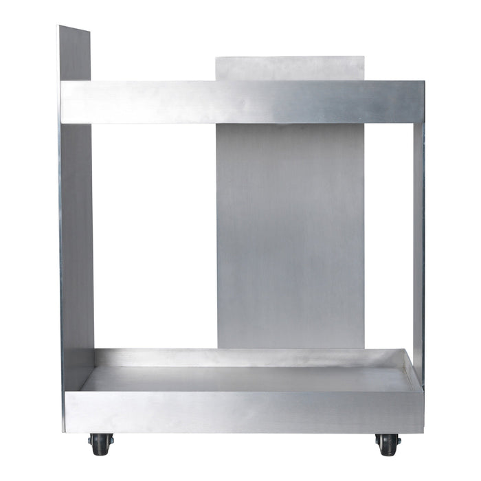 Stainless steel utility cart with a sleek, modern design and a brushed finish for easy cleaning and durability.