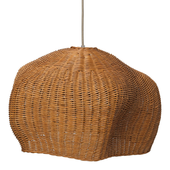 Woven rattan pendant light in warm, natural tones with a textured, organic shape.