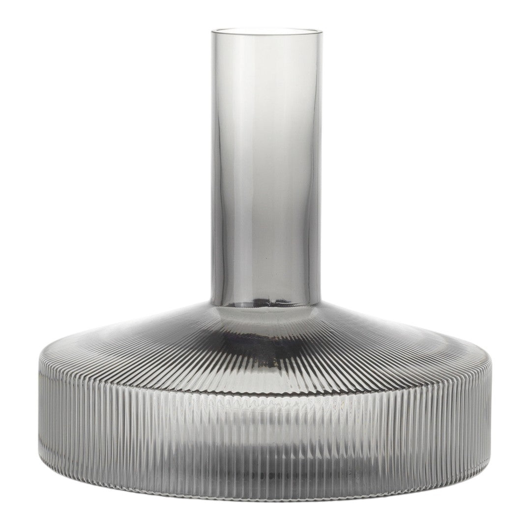 "Smoky gray vase with ribbed texture and a sleek, modern silhouette."