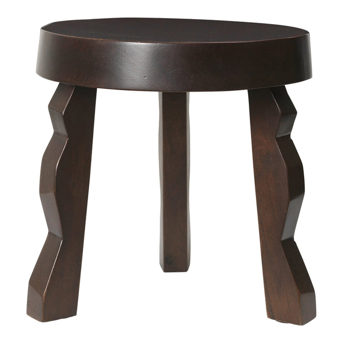Dark brown wooden stool with a smooth round top and intricately designed zigzag legs. Ideal for modern decor.