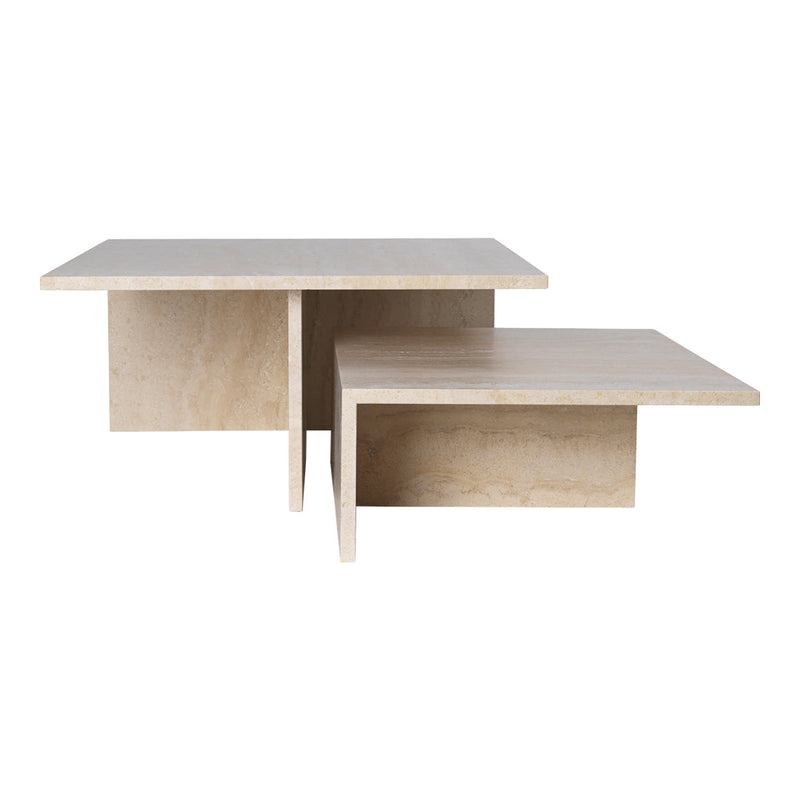 "Minimalist light beige coffee tables with a smooth finish and geometric design."