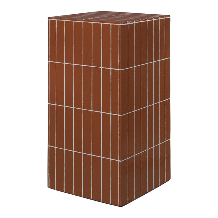 Rustic brown planter with vertical white-lined geometric pattern. Ideal for modern outdoor decor.