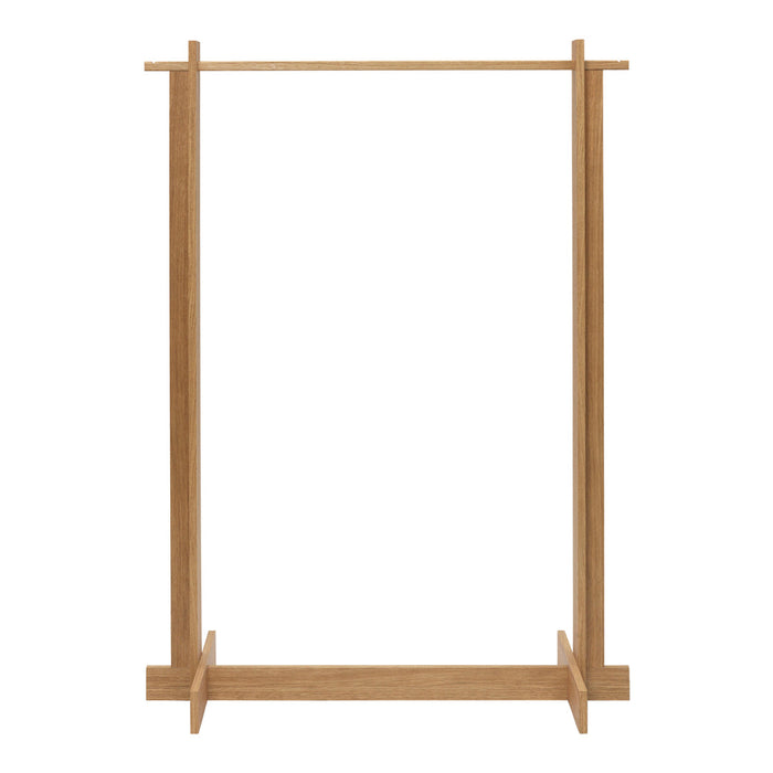 Natural wood clothes rack with a light oak finish and minimalist design, featuring clean lines and a simple structure.