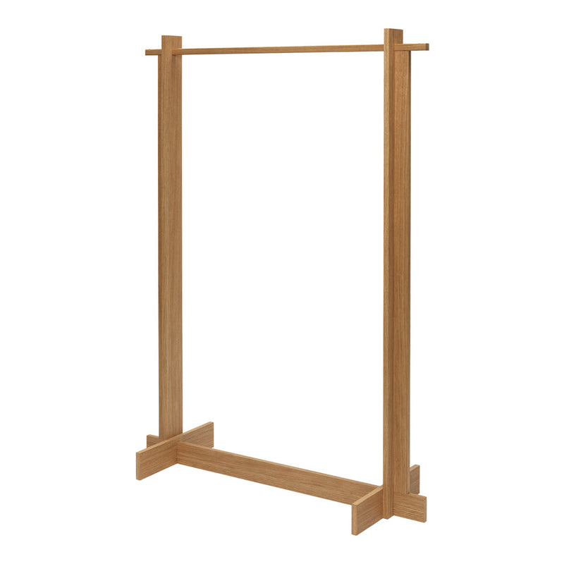 Natural wood clothing rack in warm, light brown finish with simple, sleek design and no visible patterns.