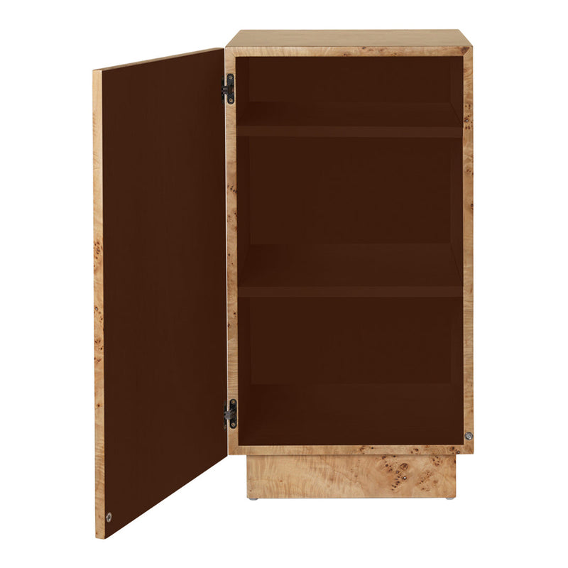 Brown cabinet with a textured beige exterior, featuring a sleek chocolate brown interior and minimalist design.