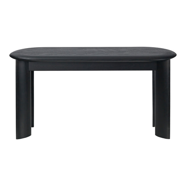 Black rectangular table with smooth, rounded edges and sturdy cylindrical legs, featuring a sleek matte finish.