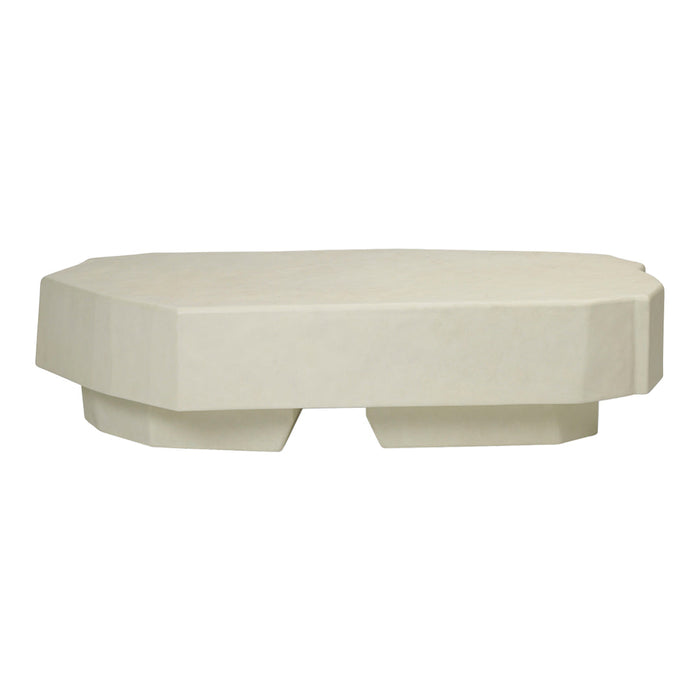 Beige octagonal coffee table with a smooth finish, featuring a minimalist design and geometric patterns.