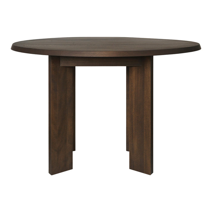 Round wooden table in rich brown finish with smooth surface and simple, modern design.