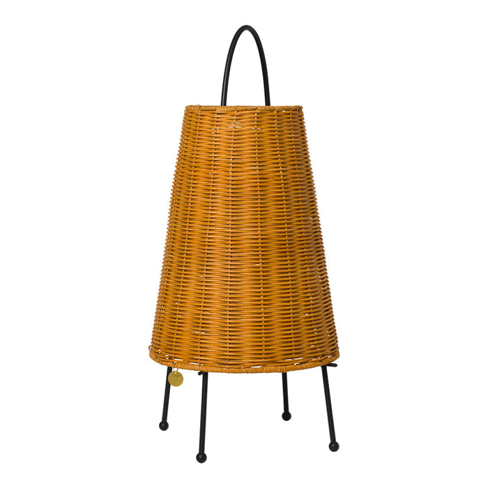 Rustic orange woven basket with a tapered design, accented by black metal legs and handle. Perfect for stylish storage.