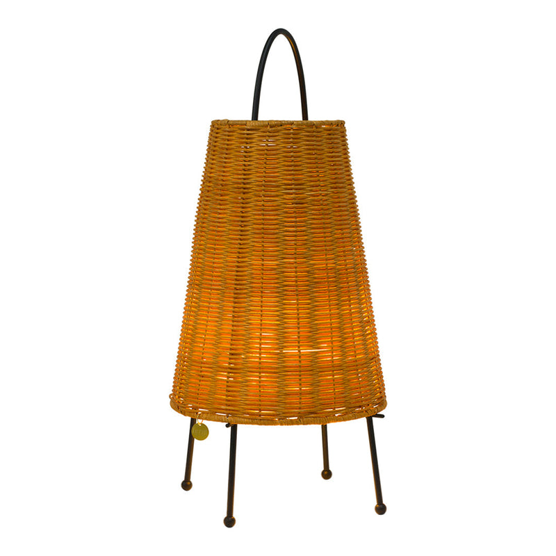 Warm orange woven lamp with a conical shape and black metal accents, perfect for cozy lighting.