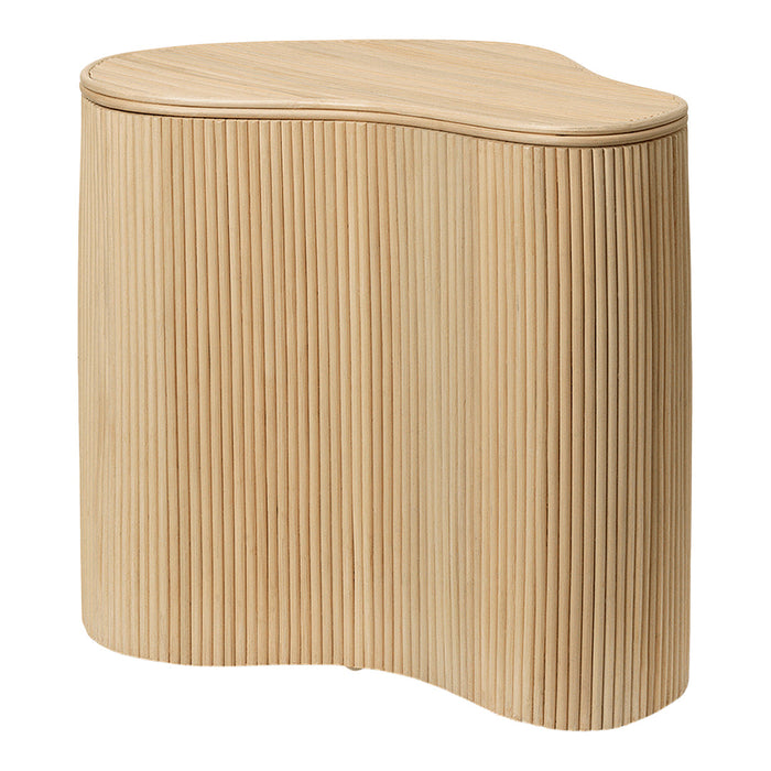 Light beige wooden storage unit with vertical ribbed pattern and organic, asymmetrical shape. Perfect for modern decor.
