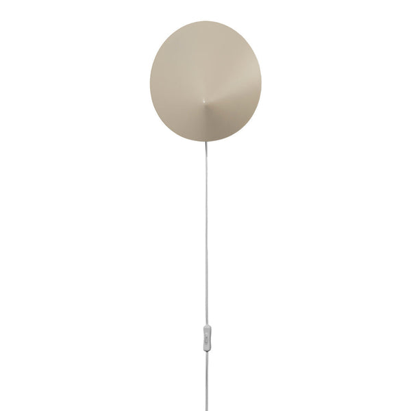 Minimalist beige wall lamp with a sleek circular shade and elegant white cord. Perfect for modern decor.