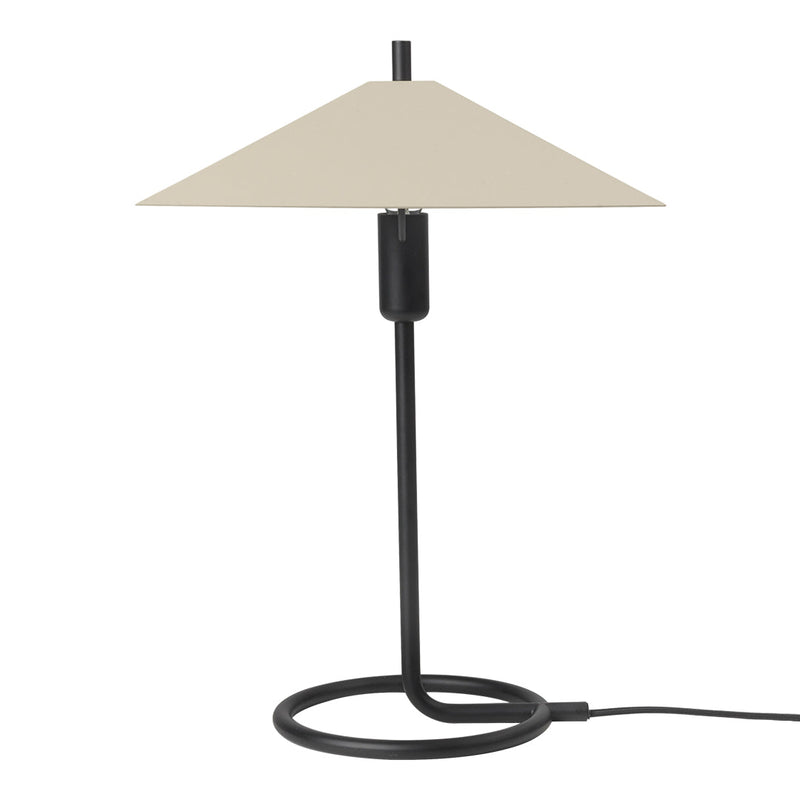 Modern black table lamp with a smooth beige triangular shade and minimalistic design. Ideal for contemporary decor.