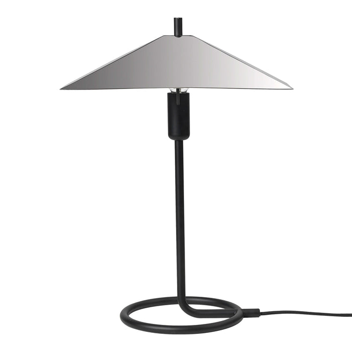 Sleek black metal table lamp with a geometric silver shade, featuring a contemporary design. Perfect for modern decor.